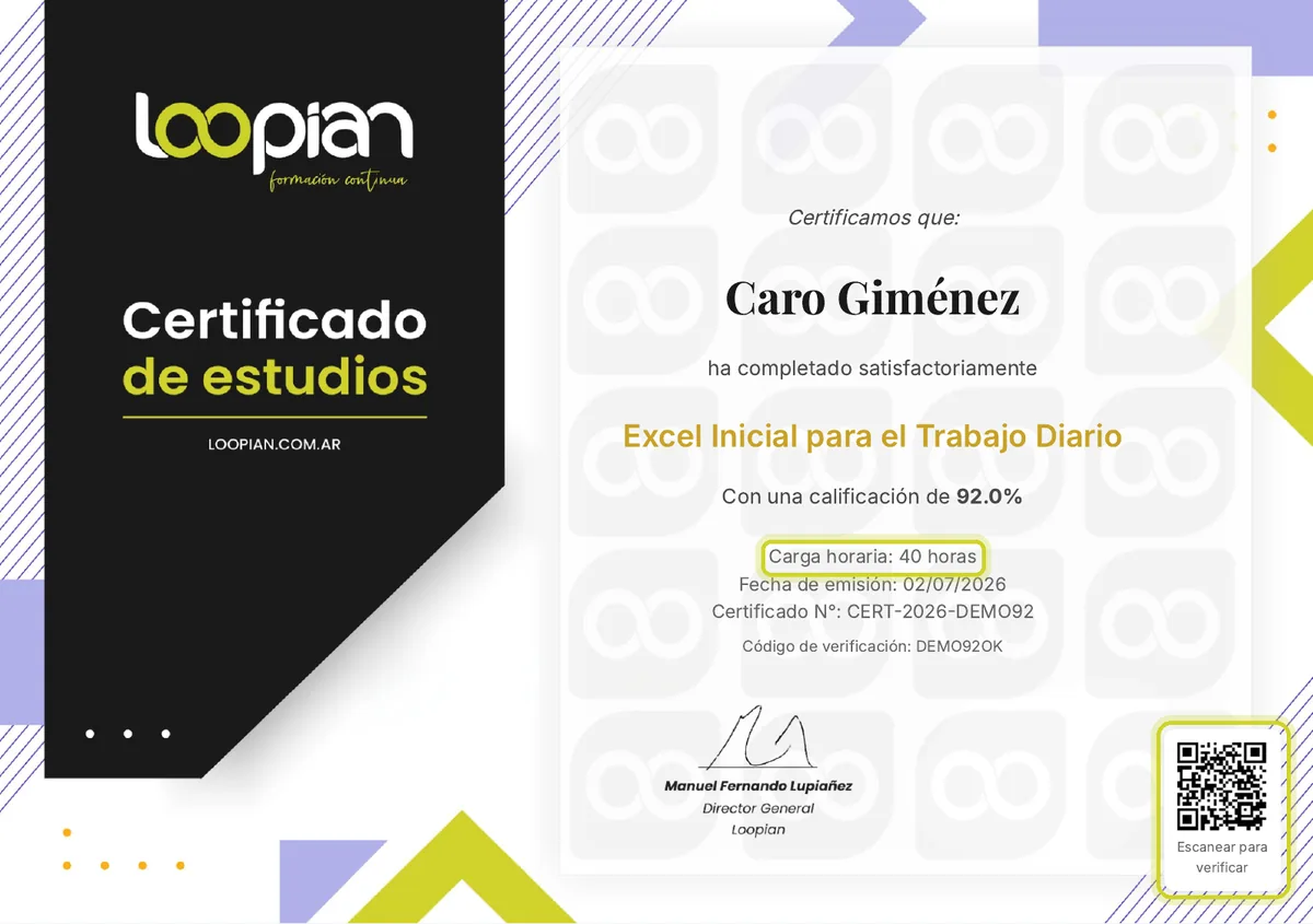 Certificado de estudios de Loopian con carga horaria, número de certificado y código QR