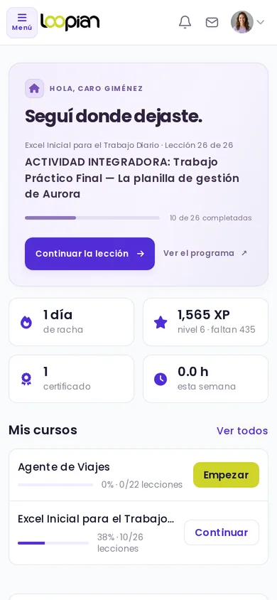 Inicio del aula: «Seguí donde dejaste», con el botón Continuar la lección