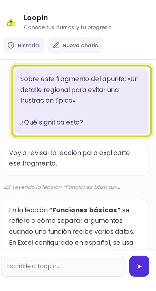 Conversación con Loopin: la alumna marca un fragmento del apunte, pregunta qué significa y Loopin se lo explica