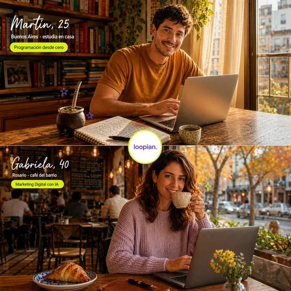 Martín (Programación desde cero) y Gabriela (Marketing Digital con IA), alumnos de Loopian